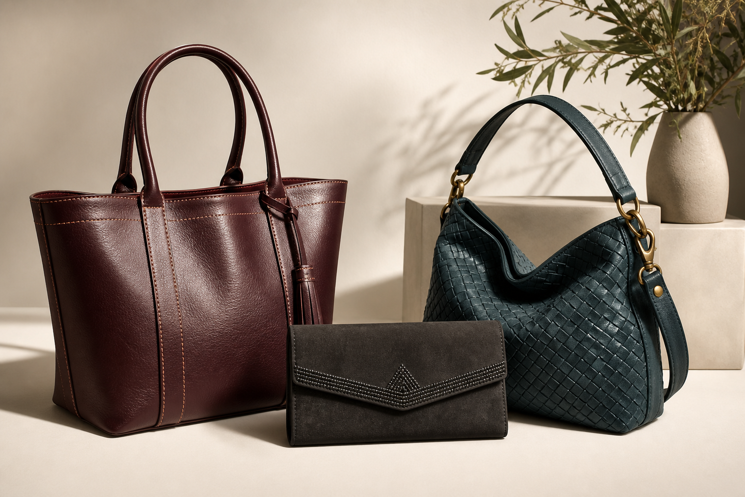 Three handmade handbags arranged in a warm boutique studio scene.